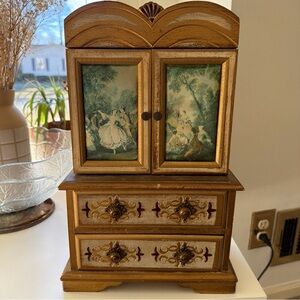 Vintage Wooden Jewelry Armoire French Romantic Art Doors Multi Drawer Chest